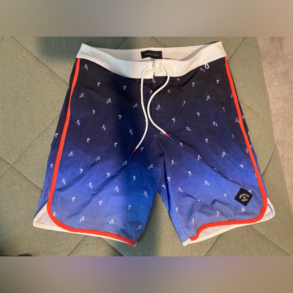 American Eagle Outfitters Men’s Blue Swim Shorts with Red Trim - Medium
